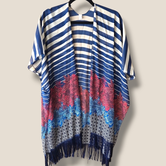 other Other - Striped Navy & White Floral Fringe Kimono